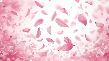 The illustration features delicate pink petals floating diagonally across a white background, creating a natural, dynamic flow that evokes movement and elegance.