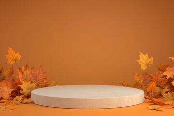 Beige cylindrical podium sits on an orange background, surrounded by autumn leaves.