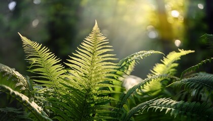 Close-up of delicate fern leaves with soft dappled light casting intricate shadows, evoking a calm and natural atmosphere