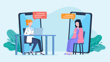 A doctor is talking to a patient with a cold over the phone. The doctor is working on a laptop at her desk. The patient is wearing pajamas, covered with a blanket, and sitting on a chair. Flat design.