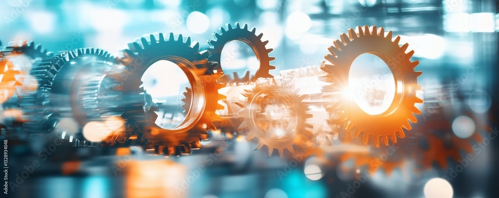 Poster the interconnected gears showing industry and technology with bokeh effect