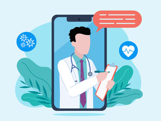  On the mobile phone screen there is a doctor filling out a medical document. Next to the doctor there is a speech bubble and icons of a heart and a virus.