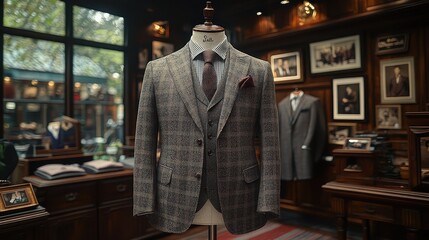 Fototapeta premium Mannequin wearing tweed suit in tailor shop
