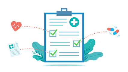 Flat design. Medical checklist with test results and patient medical information. Health condition, medication prescription and treatment recommendations. Heart icon, pills, medical document. 