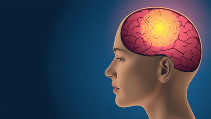 Obraz premium human head silhouette with glowing brain, 3d render, illustration, empty copy space