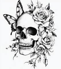 Obraz premium Skull Rose Butterfly Tattoo Illustration Vintage Graphic Design Floral Art