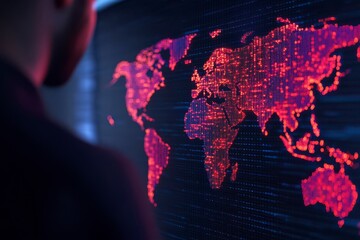 Holographic World Map with Data Highlights and Digital Patterns