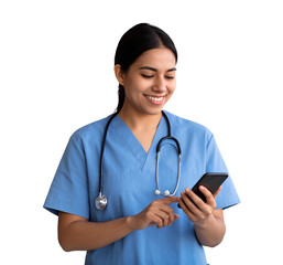 Efficient Latina nurse or doctor checking schedules on a smartphone isolated on transparent background, png file