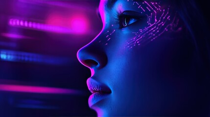 Obraz premium Cyberpunk woman profile, vibrant neon glow