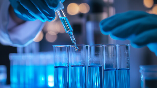 Close-up hands dropping fluid from dropper flask beaker into blue test tube sample laboratory for compare in medicine chemical biology medical science experiment technology biotechnology analysis
