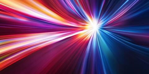 Bright light burst with colorful rays, featuring red, blue, and yellow hues. Dynamic abstract background with radiating lines, ideal for digital media projects. Vibrant gradient with central glow