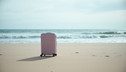 Lonely Suitcase on a Sandy Beach with Waves Gently Lapping in the Background During Daylight