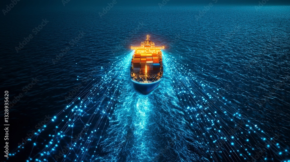 Poster navigating a luminous sea with digital grid overlay.