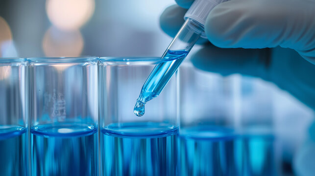Close-up hands dropping fluid from dropper flask beaker into blue test tube sample laboratory for compare in medicine chemical biology medical science experiment technology biotechnology analysis

