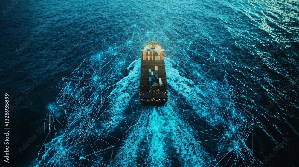 Poster advanced shipping vessel with dynamic digital lines.
