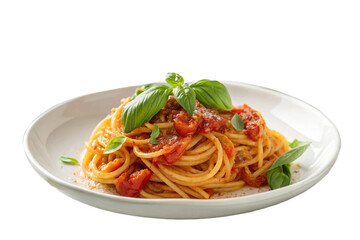 High-quality photorealistic image of spaghetti with rich tomato sauce, garnished with fresh basil, served on a white plate, Italian cuisine.