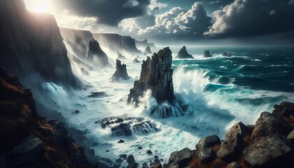 Stormy Ocean Tides Pummeling Craggy Shores Foam Soaring