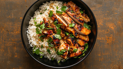 Grilled chicken and rice bowl featuring sliced grilled chicken and seasoned rice garnished with fresh herbs presented on a wooden surface.