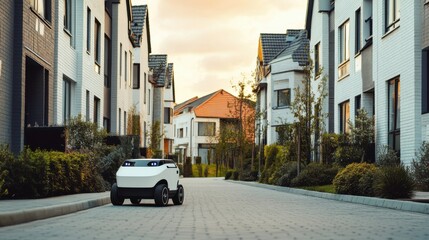 Fototapeta premium A robotic delivery bot, residential neighborhood with robot delivering packages to a doorstep, Logistics tech style