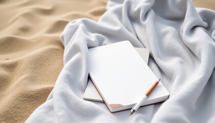 Fototapeta premium Blank notebook and pen resting on soft fabric in serene sandy environment during daylight