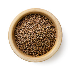 Coriander seeds in a wooden plate close-up on a white. Top view