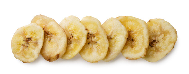Banana chips on a white background. Top view
