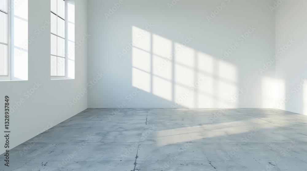 Poster an empty white room with a window casting a light pattern on the wall.