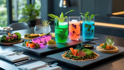 A high-tech futuristic superfood meal featuring neon-colored health drinks, lab-grown nutrient bars, and AI-designed food compositions on a sleek, modern table © MITA