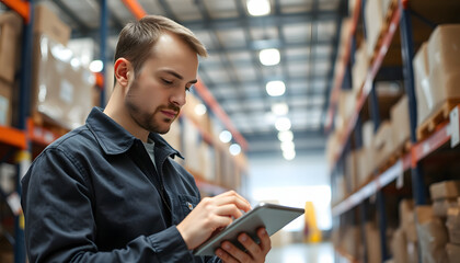 Fototapeta premium Male working in distribution warehouse with digital tablet, close-up. isolated with white highlights