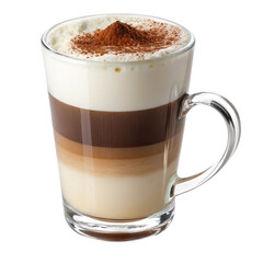 A beautifully presented latte macchiato in a clear glass mug, featuring rich coffee layers, creamy froth, and a dusting of cocoa powder.