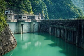 High Angle View of a Dam Reservoir Featuring the Operational Center Amidst Scenic Surroundings