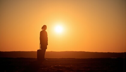 Fototapeta premium Silhouette of Traveler with Luggage Against Vibrant Sunset Horizon in Warm Orange Tone