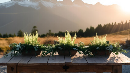 Concept for World Environment Day: A wooden table set against a backdrop of a sunrise over the mountains