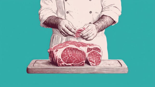 Beef cuts chart concept. A chef prepares a premium cut of beef on a wooden surface long title A professional chef in a chef s uniform carefully prepares a prime cut of beef