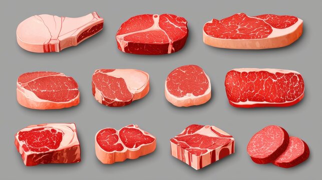Beef cuts chart concept. A variety of beef cuts showcased on a gray background