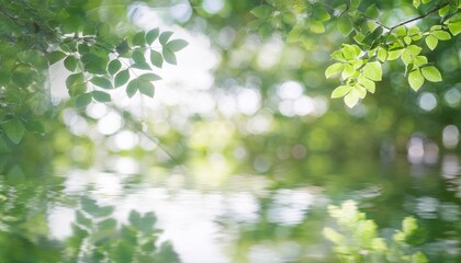 Blurry reflections of tree leaves on water, with light dancing on soft ripples, creating a dreamy and tranquil atmosphere