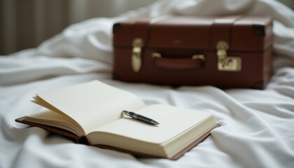 Naklejka premium Open Notebook and Elegant Briefcase on a Soft Bed Cover with Natural Light Background