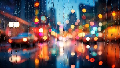 Blurred colorful city lights reflecting on a rainy glass, with an out-of-focus dreamy bokeh effect, capturing the essence of a moody urban night