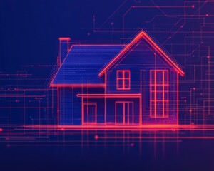 Digital Interface of a Virtual House Sketch in Neon Colors