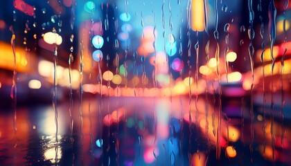 Obraz premium Blurred colorful city lights reflecting on a rainy glass, with an out-of-focus dreamy bokeh effect, capturing the essence of a moody urban night