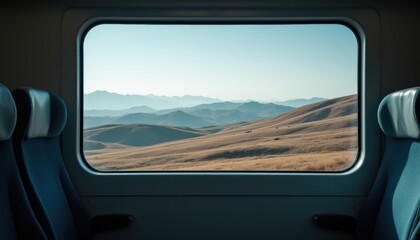 Scenic Train Journey Through Serene Landscapes with Mountains and Rolling Hills