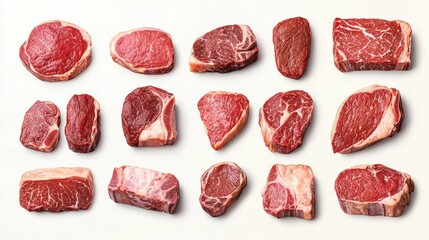 Beef cuts chart concept. Assortment of various raw beef cuts