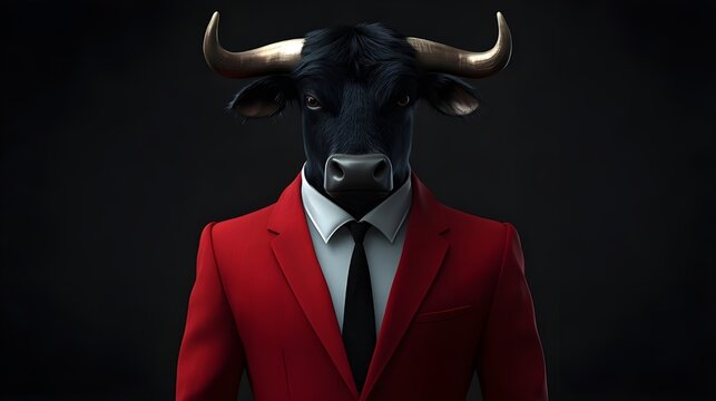 A black bull's head superimposed onto a human body wearing a red suit and black tie against a dark background. The image is stylized and artistic.