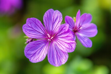 Fototapeta premium Close-up of a vibrant purple flower in soft green bokeh on a sunny day