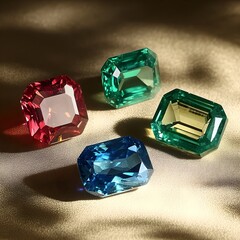 Four emerald-cut gemstones, vibrant colors, realistic rendering, high detail, dramatic lighting