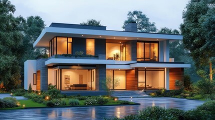 Fototapeta premium Modern Minimalist Two-Story House Surrounded by Lush Greenery in Soft Evening Light