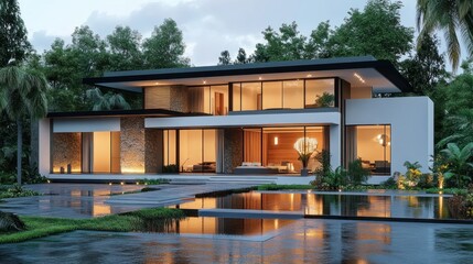 Obraz premium Modern Minimalist Luxury Home with Tropical Landscape and Warm Interior Glow