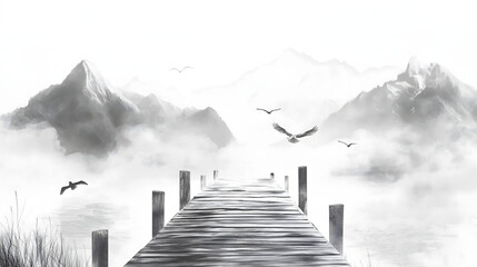 wooden pier with mountains in the background, black and white