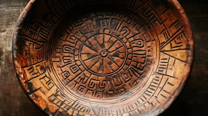 Obraz premium a richly decorated terracotta plate with bold tribal patterns, its earthy tones and precise engravings showcasing the artistic legacy of an ancient culture. 