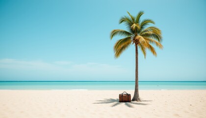 Obraz premium Tranquil Beach Scene with Palm Tree and Vintage Suitcase Under Clear Blue Sky